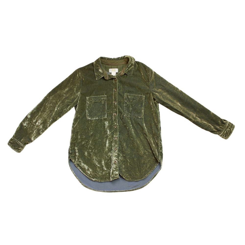 Anthropologie Maeve Green Karina Crushed Velvet Button Down Shirt Moss Petite 0P